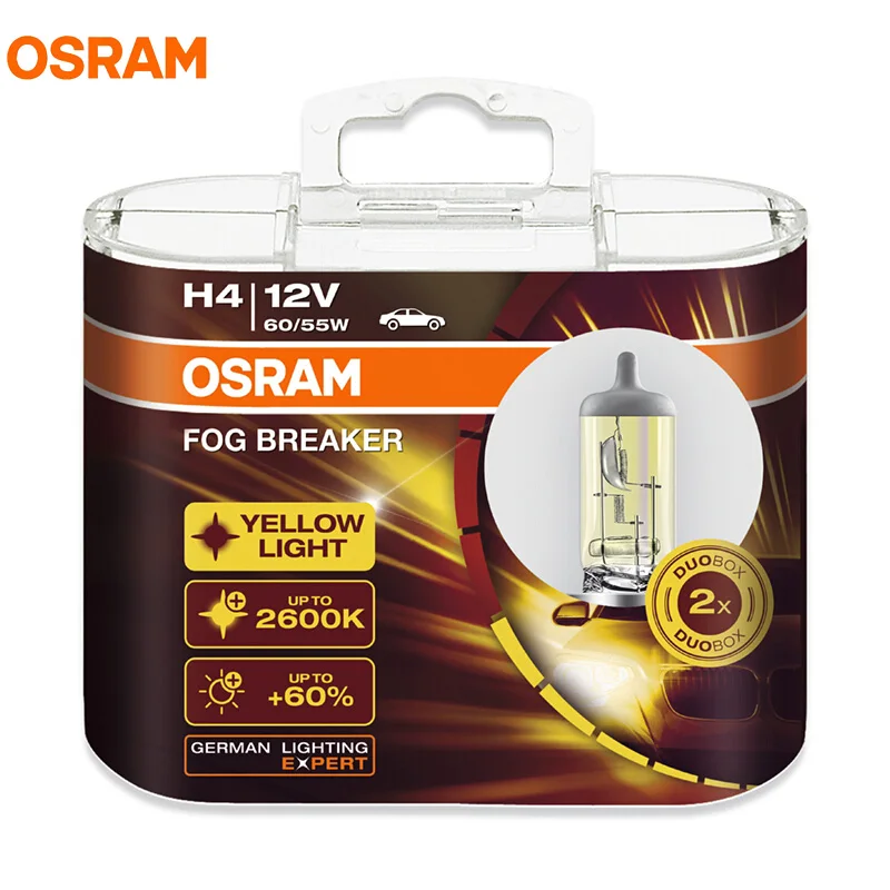

OSRAM Fog Breaker H4 12V 60/55W 62193FBR 2600K Yellow Light Car Halogen Lamp Headlight +60% Brighten