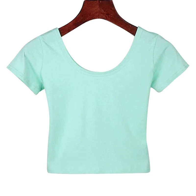 

Women Lady Solid Color Short Sleeve Round Collar T-shirt Crop Top Tee for Summer -OPK