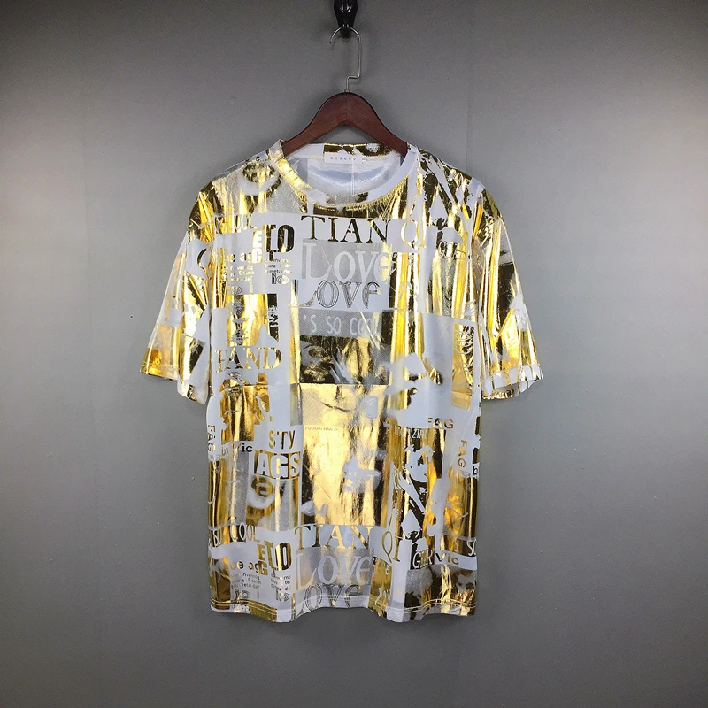 

New T-shirt Men Shiny Letters Silver Print Short Sleeve O-neck Fashion Oversized Casual Summer Man T shirt Women Tops Asia Size