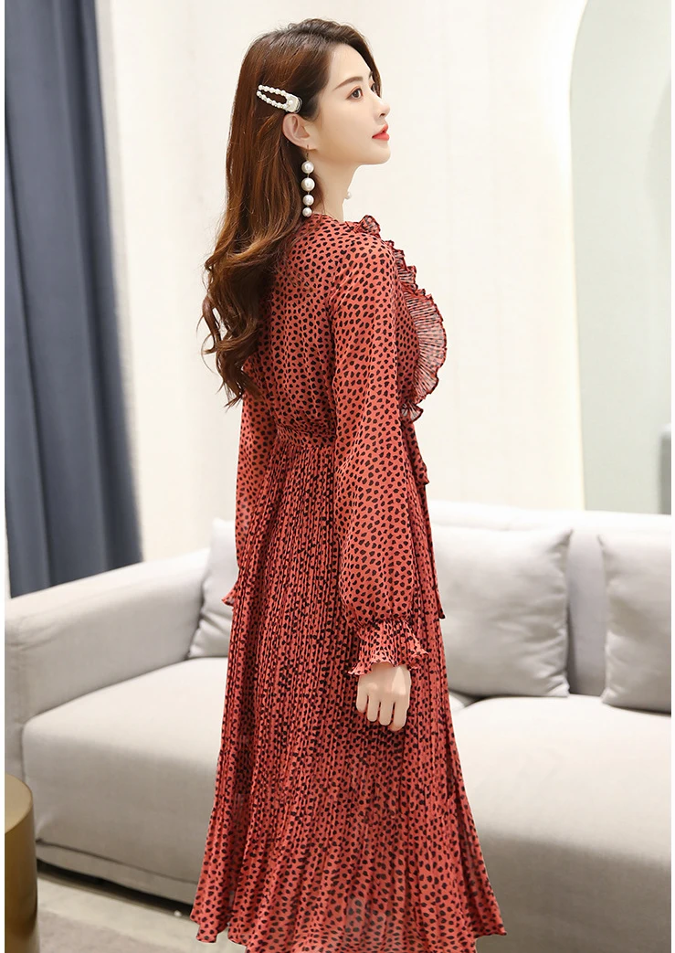 

Vestidos Spring Women's 2020 Temperament Waist Chiffon Dress Women Stitching O-neck Polka Dot Pleated Long Sleeve Dresses Z985