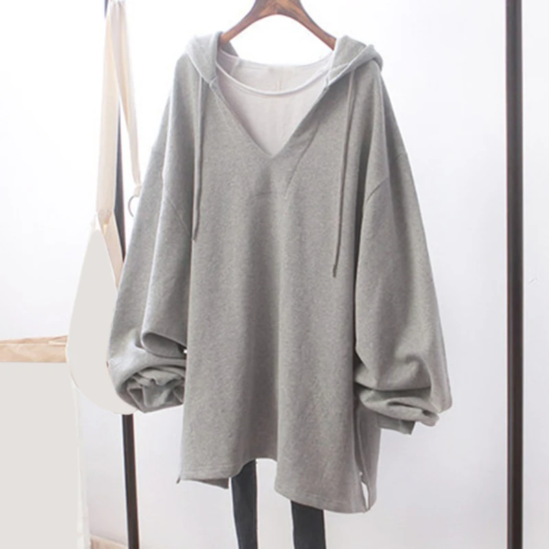 

Pure Color Pullover Top Casual Hooded Long Sleeve Hoodie Streetwear Fall V Neck Loose Ladies Sweatshirt