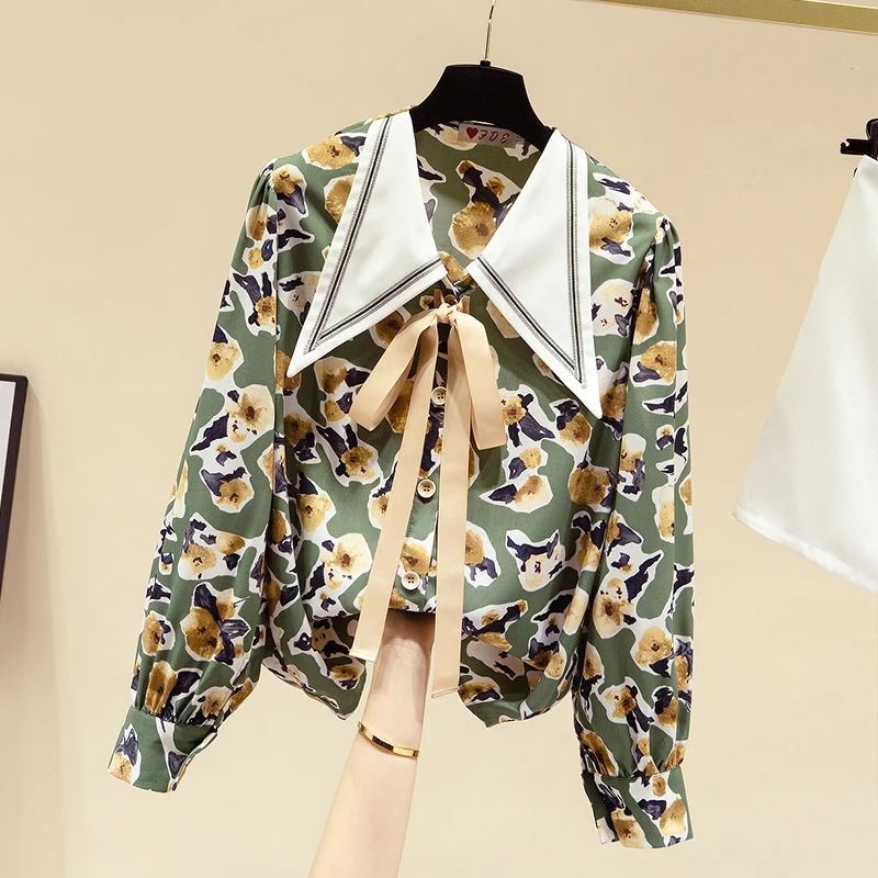 

VANOVICH Korean Style Floral Design Fashion Retro Shirt 2021 Fall New Bow Collar Printing Long Sleeve Blouse