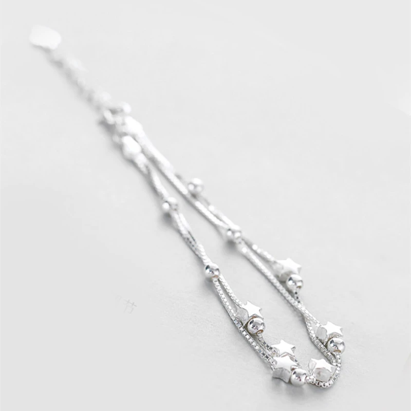 

Brand New S925 Sterling Silver Double Layers Star Beads Bracelets For Women Elegant Box Chain Charm Bracelet Birthday Party Gift