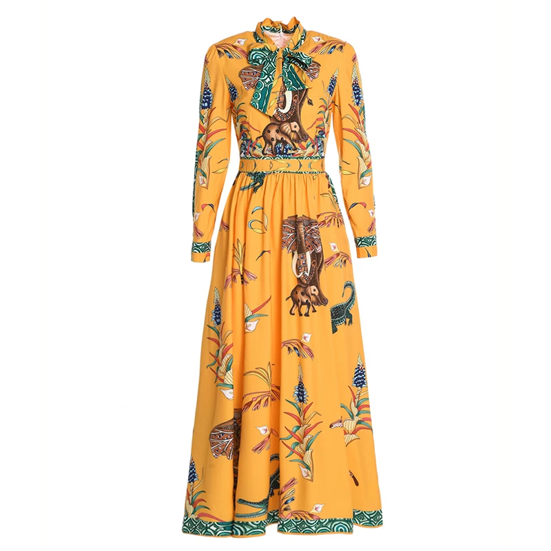 

Runway Designer Maxi Dress Women's Robe Elegant Beach Vacation Animal Printing Long Skirt Bow Collar Floor-Length Party Dresses