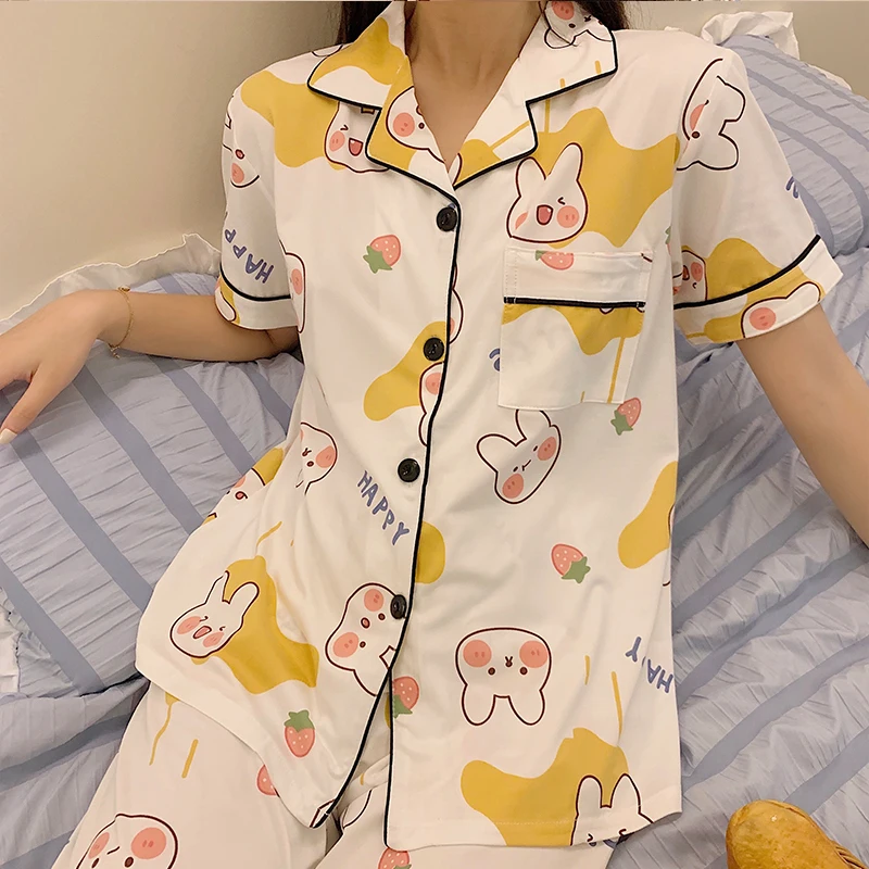 CAIYIER Autumn Winter Ladies Pajamas Set turn-down Collar Short Sleeve Trousers Casual Sleepwear Girls Cartoon Soft Pijama Suit