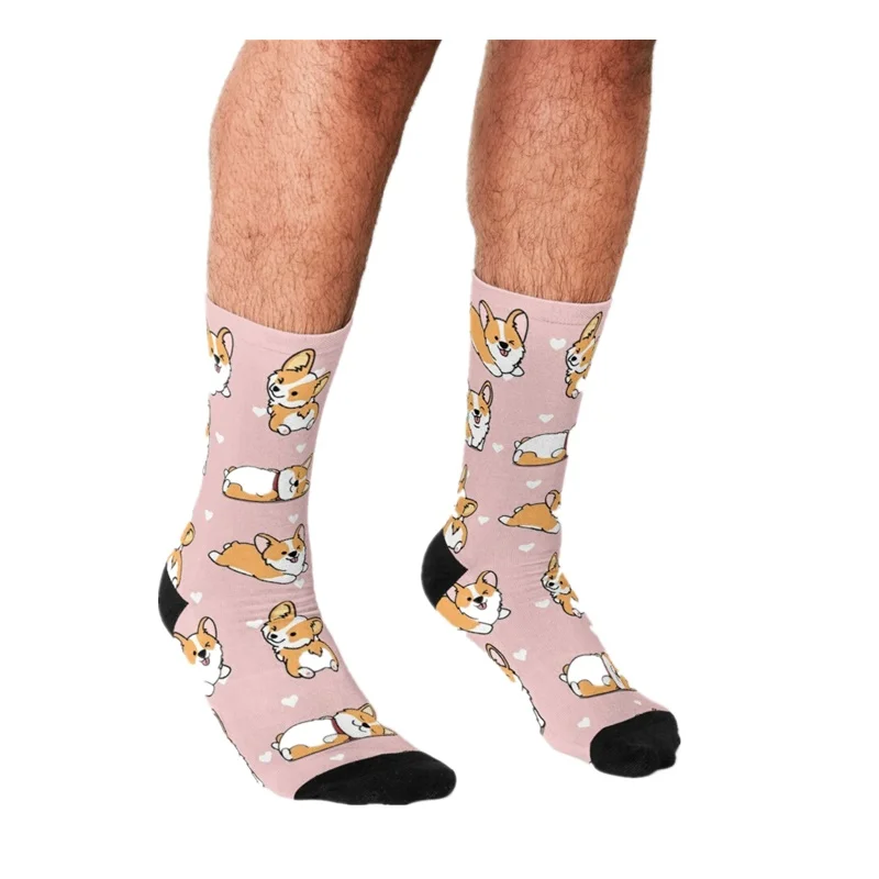

2021 Funny Men's socks Pink Kawaii Corgi Pattern Printed hip hop Men Happy Socks cute boys street style Crazy Socks for men