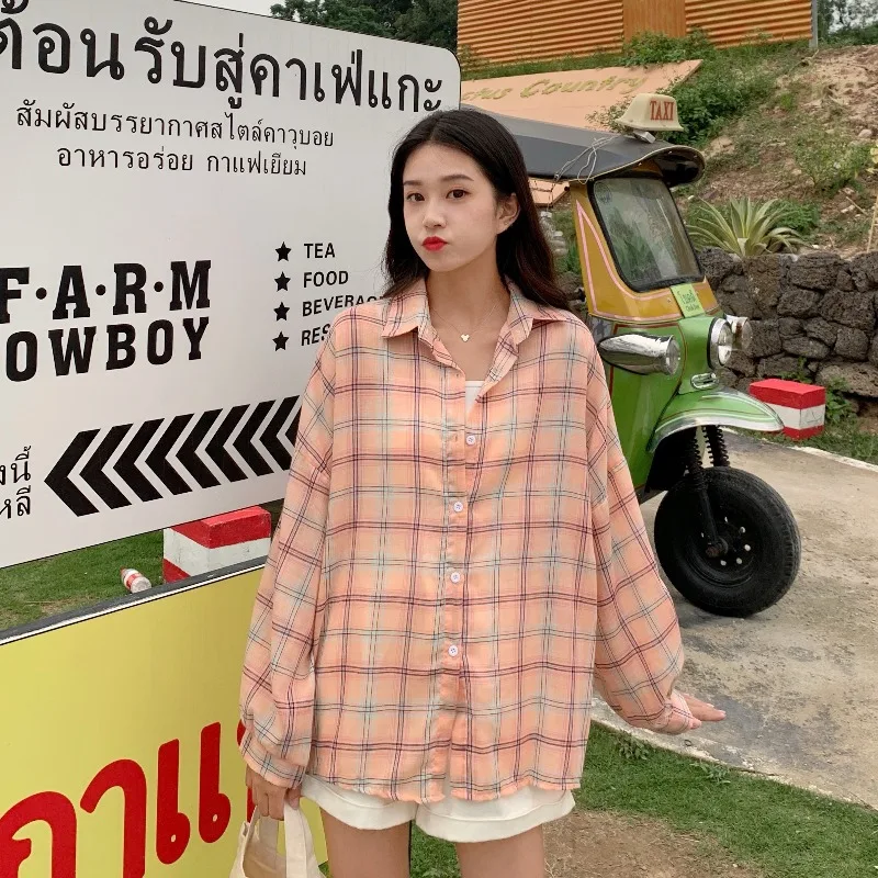 

2021 New Loose Thin Goddess Plaid Long Sleeve Sunscreen Shirt Coat Women's College Style Niche Shirt Summer