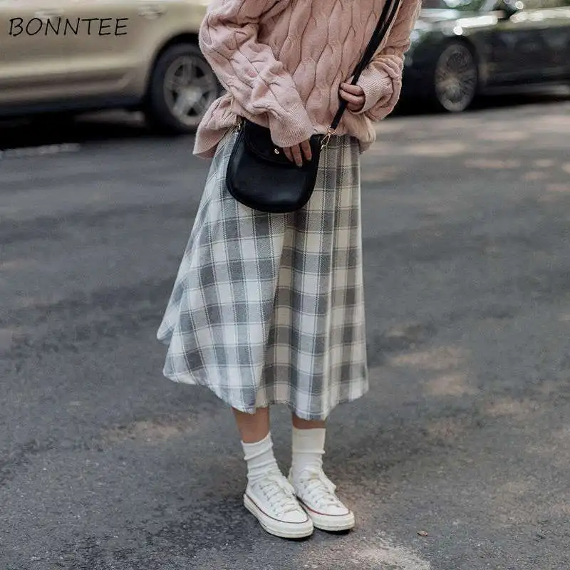 

Skirts Women Kawaii Autumn Warm Harajuku College Popular Tender Lovely Plaid All-match Sweet Female Clothing Mid-Calf High Waist