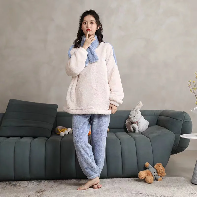 Winter Thick Warm Flannel Pyjamas Set Women's Coral Velvet Long Sleeve Trousers Sleepwear Home Clothing Pajama