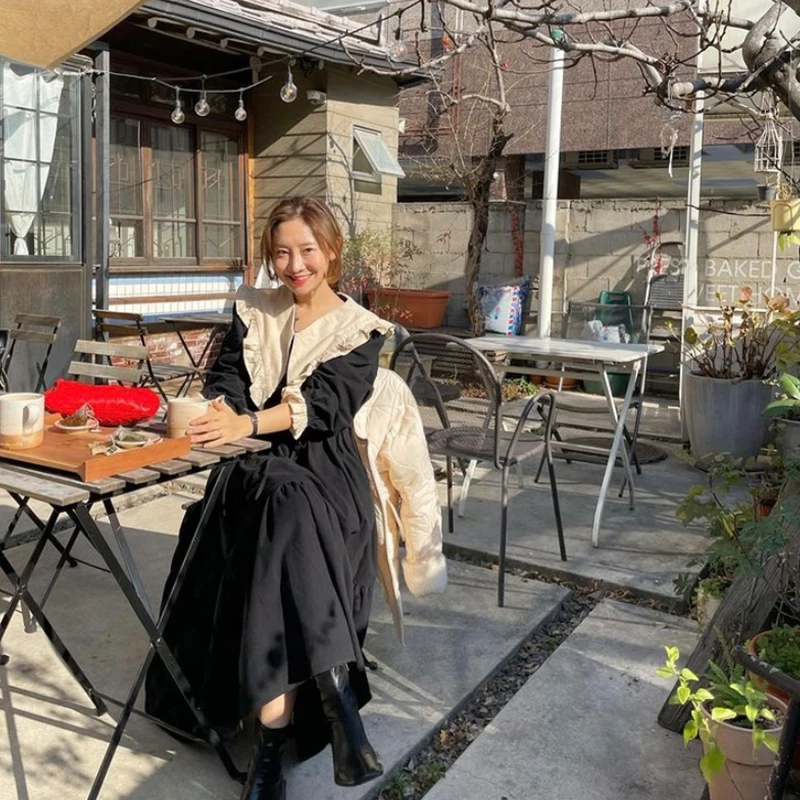 

Sister Fara New Spring 2021Turn-Down Collar Folds Dress Women Flounced Edge Lace Pullover Dresses Office Lady Ankle-Length Dress