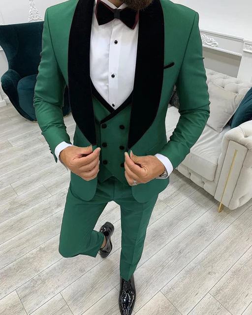 2021 Fashion Green Business Men Suit 3 Pieces Male Dress Custom Groom Wedding Suit Tuxedo Black Velvet Lapel Blazer Vest Pants