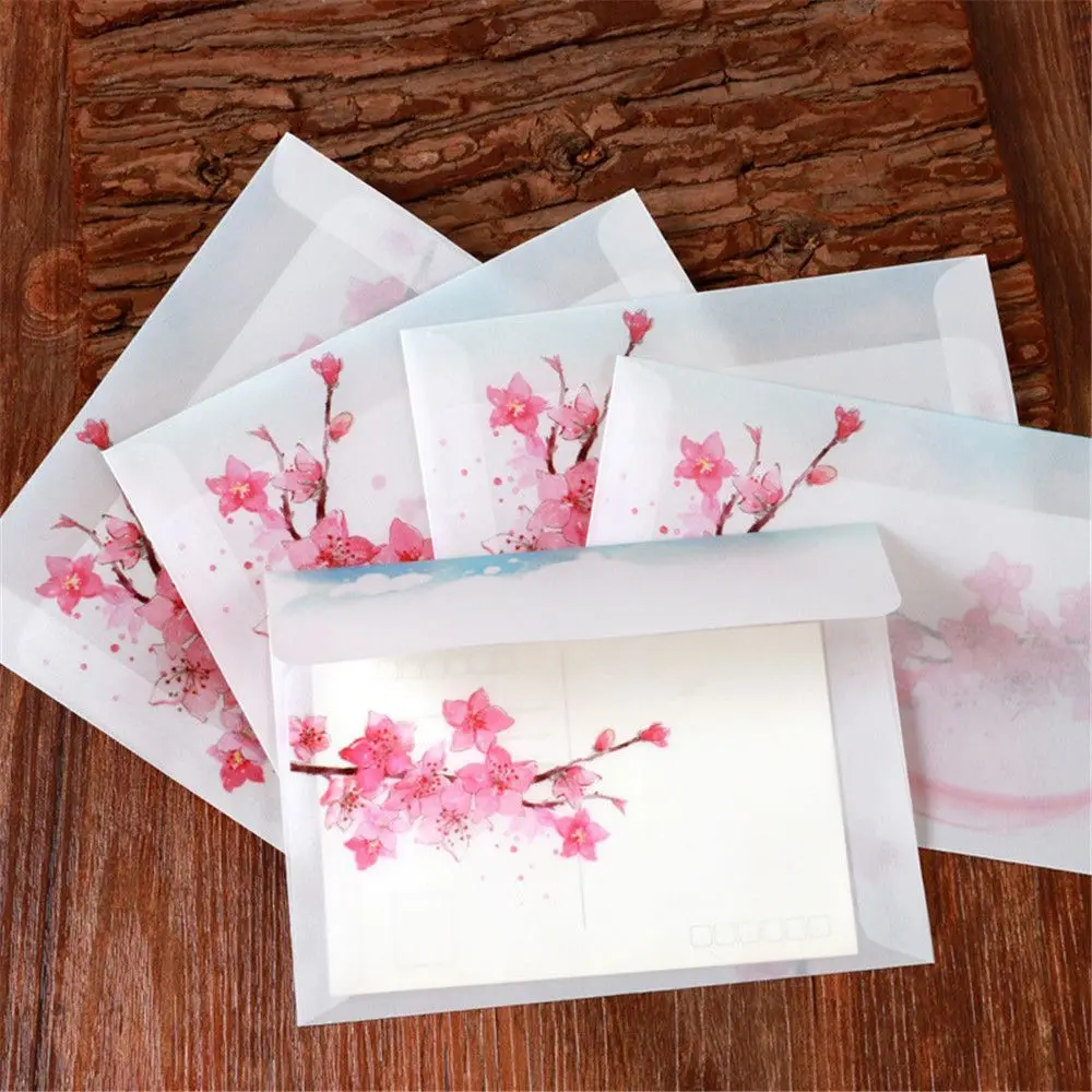 

10pcs Vintage Peach Blossom Sulfuric Acid Paper Envelope Greeting Card Cover Kawaii Stationery Translucent Paper Envelopes