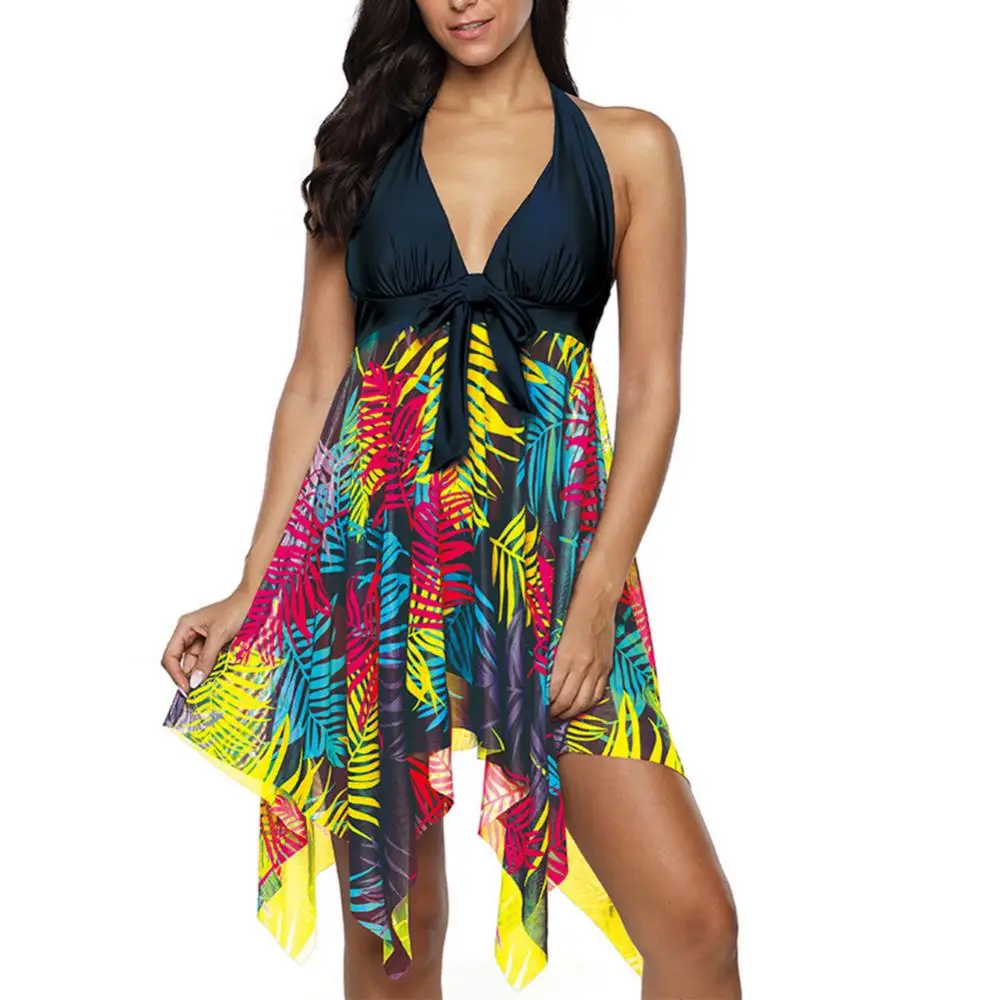 

80% Hot Sell Women Leaves Print Irregular Large Hem Swimdress Briefs Swimsuit Set Takini