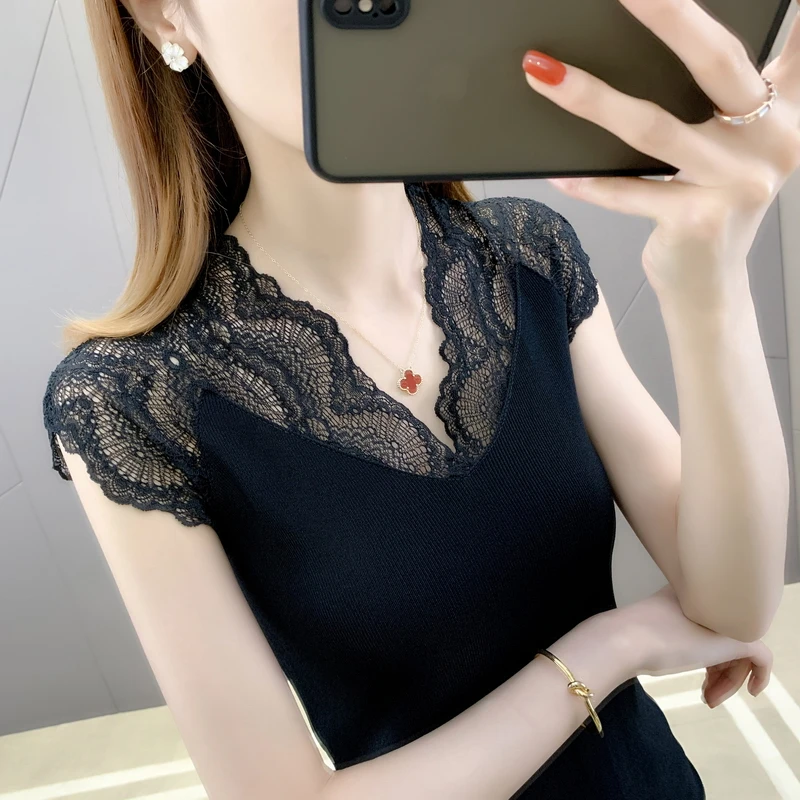 

19984 (2 rooms, 4 rows, No.5 up) real shot lace stitching solid color slim sleeve knitted short sleeve 22