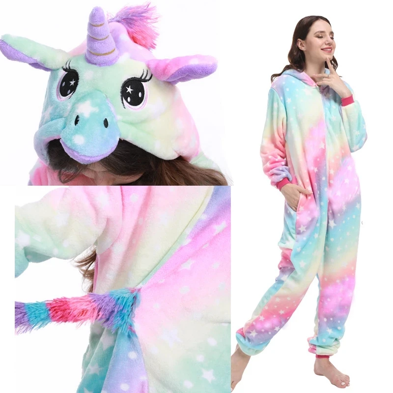 Animal Onesies Winter Flannel Family Matching Pajamas for Kids and Adult Unicorn Sleepwear Pyjamas Boys Girls Homewear Jumpsuit