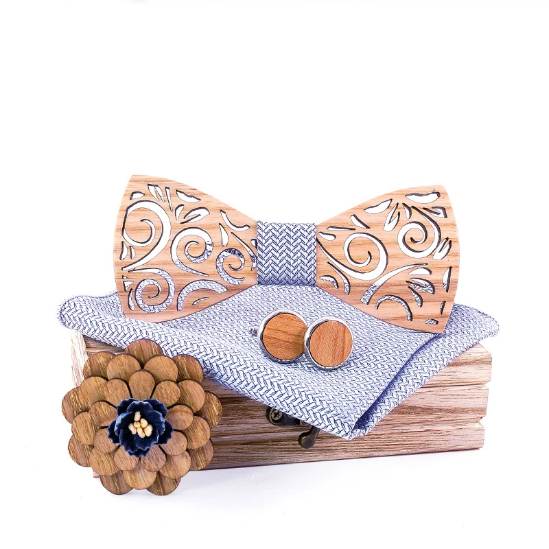 

Sitonjwly Leisure Wooden Bow Ties Handkerchief Cufflink Brooch Sets for Mens Business Handmde Wood Bowties Gravatas Set
