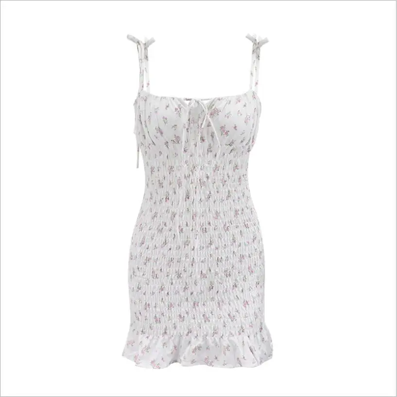 

Sexy Floral Mini Slim Dress Summer Bodycon Dresses Women Casual Dress Ruffles Dress Spaghetti Straps Pleated Ruched Vestido