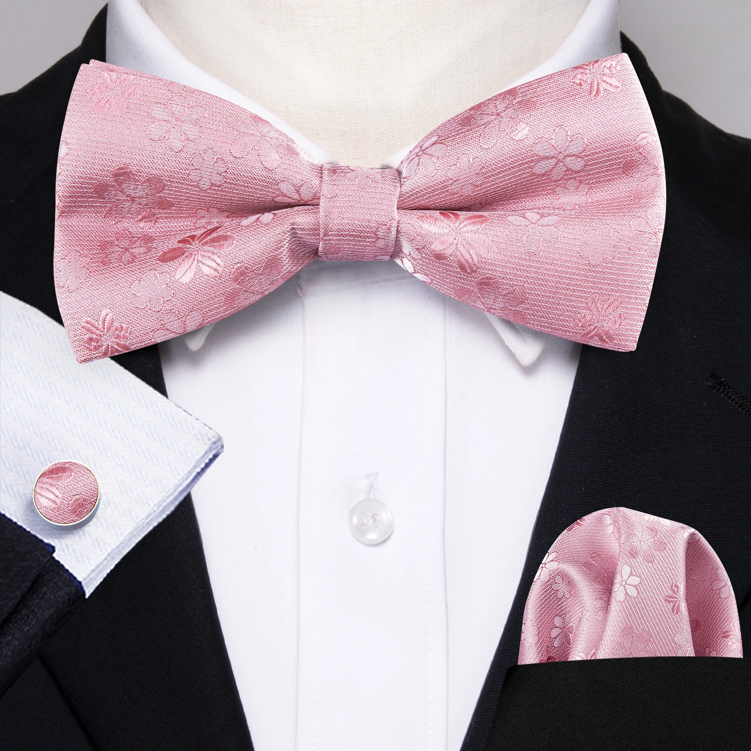 

Pink Floral Silk Pre-Bow Tie For Men Bow Tie Butterfly Handkerchief Cufflinks Set Wedding Party Fashion Barry.Wang