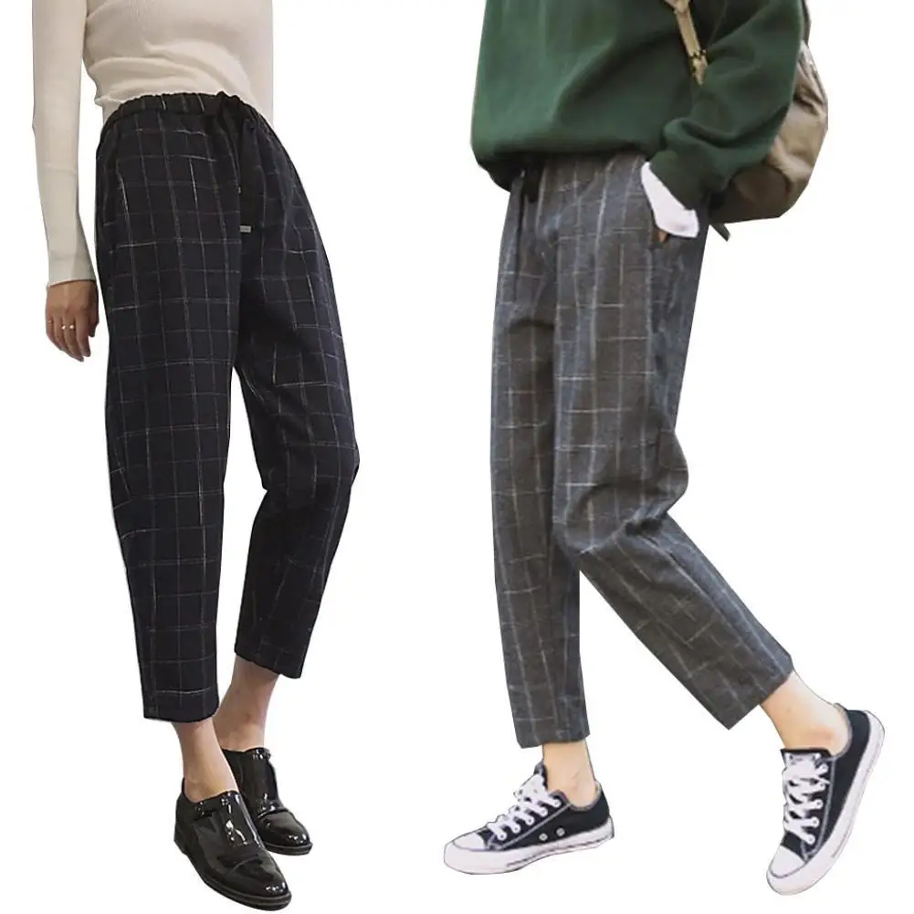 

New Arrival!!! Women Casual Plaid Loose Waist Drawstring Harem Pants Long Slim Woolen Trousers