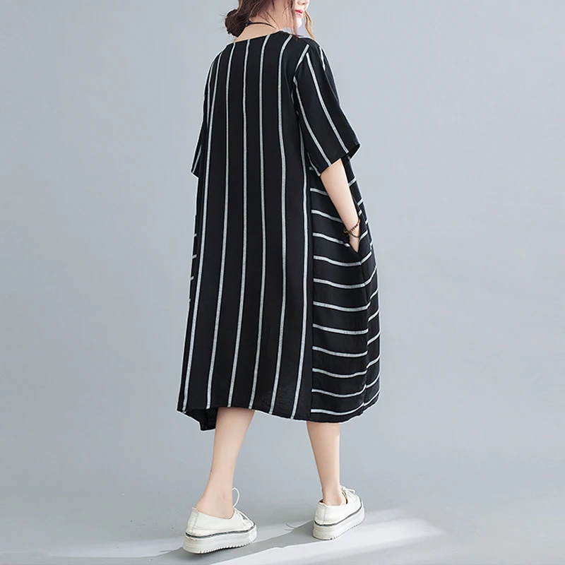 

Plus Size Vestidos Summer Striped Dress Women Sundress Dress Linen Patchwork Loose Vintage Retro Casual Lady Female Dress 2XL