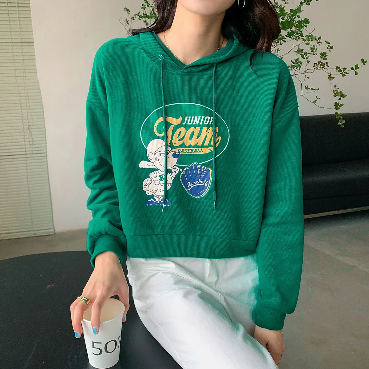 

Женский короткий свитер с капюшоном, свободная толстовка с длинным рукавом и мультяшным принтом в Корейском стиле, новинка весны-осени 2021