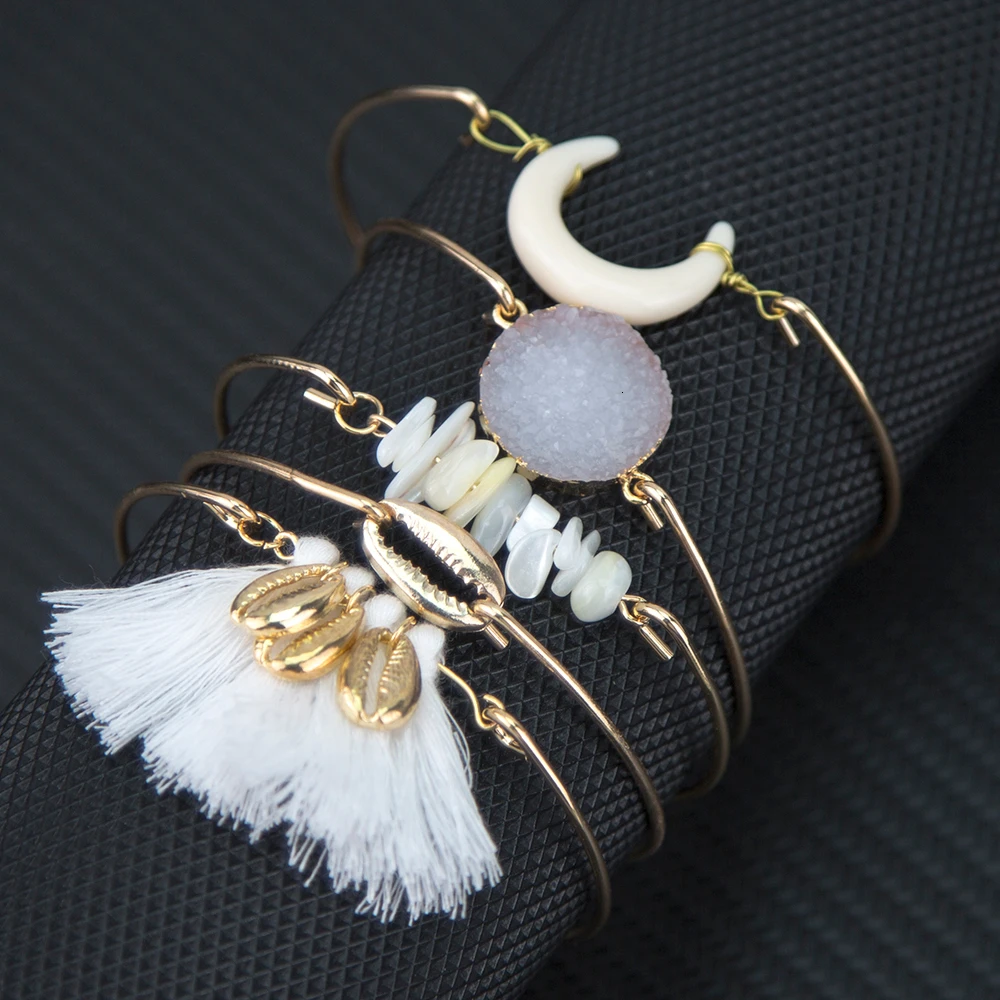 5 шт./компл. богемный натуральный лунный камень ракушка кисточка браслет из