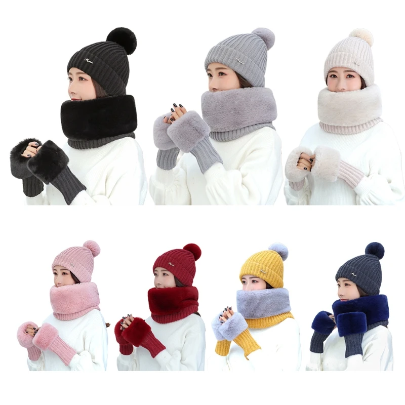 

Women Winter 3Pcs Pompom Beanie Hat Furry Circle Scarf Fingerless Gloves Set