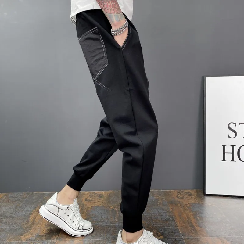 

Men Black Casual Pencil Pants Solid Drawing Drawstring Ankle Length Pants Multi-Pockets Micro-Elasticity All-Match Harem Pants