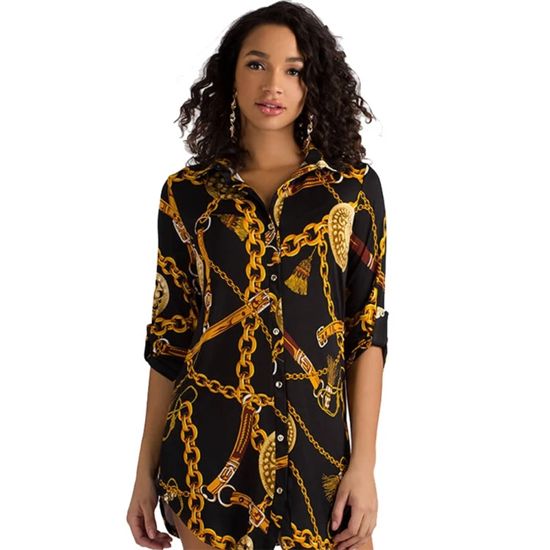 

Y1UE Women Long Sleeve Button Down Mini T-Shirt Dress Chain Print Belted Tunic Blouse