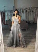 vintage grey lace prom dresses long 2022 sexy v neck split side formal evening gowns reception party dress for women lady