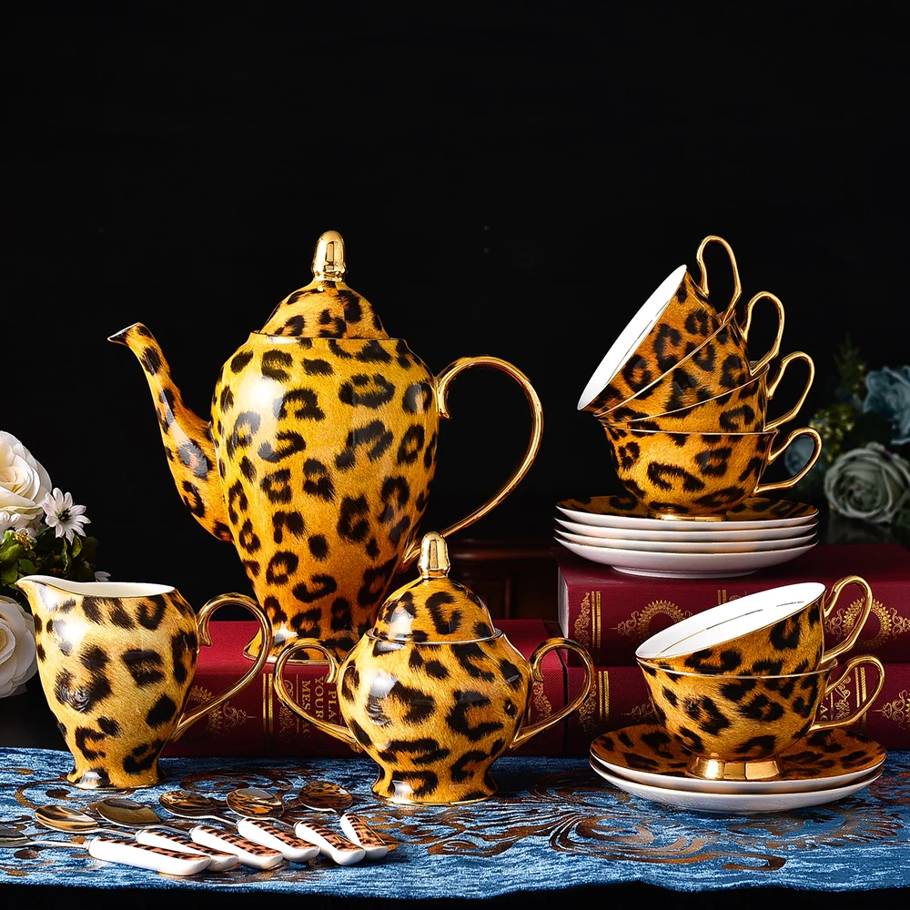 Juego de t&eacute; de cer&aacute;mica con estampado de leopardo para Hotel, calcoman&iacute;a exquisita de 15 piezas, l&iacute;nea dorada de lujo, venta al por mayor-0