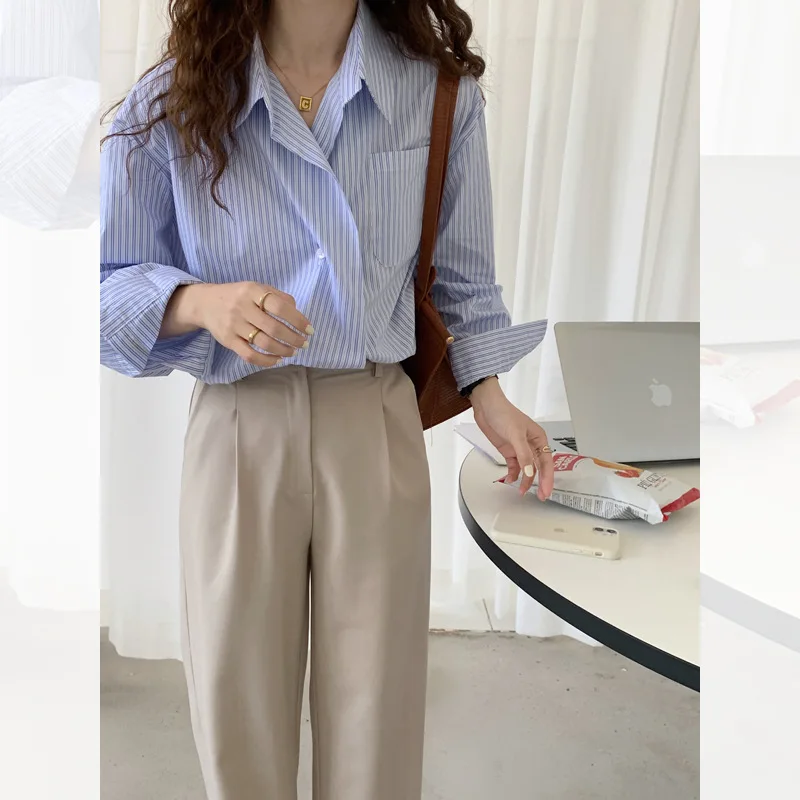 Рубашка женская в винтажную синюю полоску модная офисная блузка с длинным