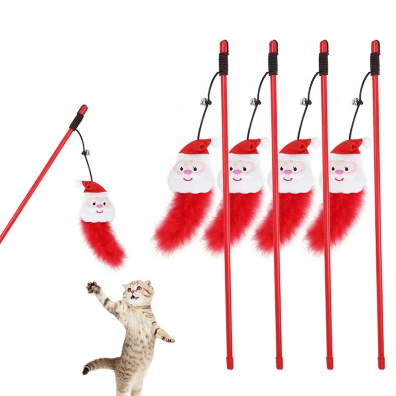 

Funny Kitten Cat Teaser Interactive Toy Santa Claus Rod with Bell Feather Toys For Cats Teaser Toy Christmas Pet Cats Toys Stick