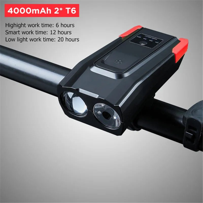 Перезаряжаемый от USB Передний фонарь 4000 мАч светодиодный головной 2T6 с клаксоном