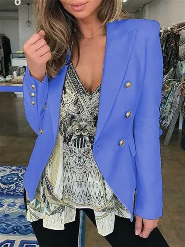 2019 Женский блейзер однотонного цвета с длинными рукавами деловой двубортный