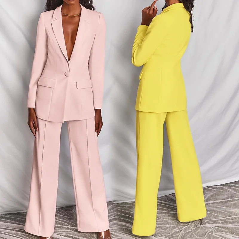 

Two-Pieces Women Blazer Suit Sexy Elegant Woman Jacket And Trousers Female Blazer Pink Yellow Chic Women Outfit Office Ladies
