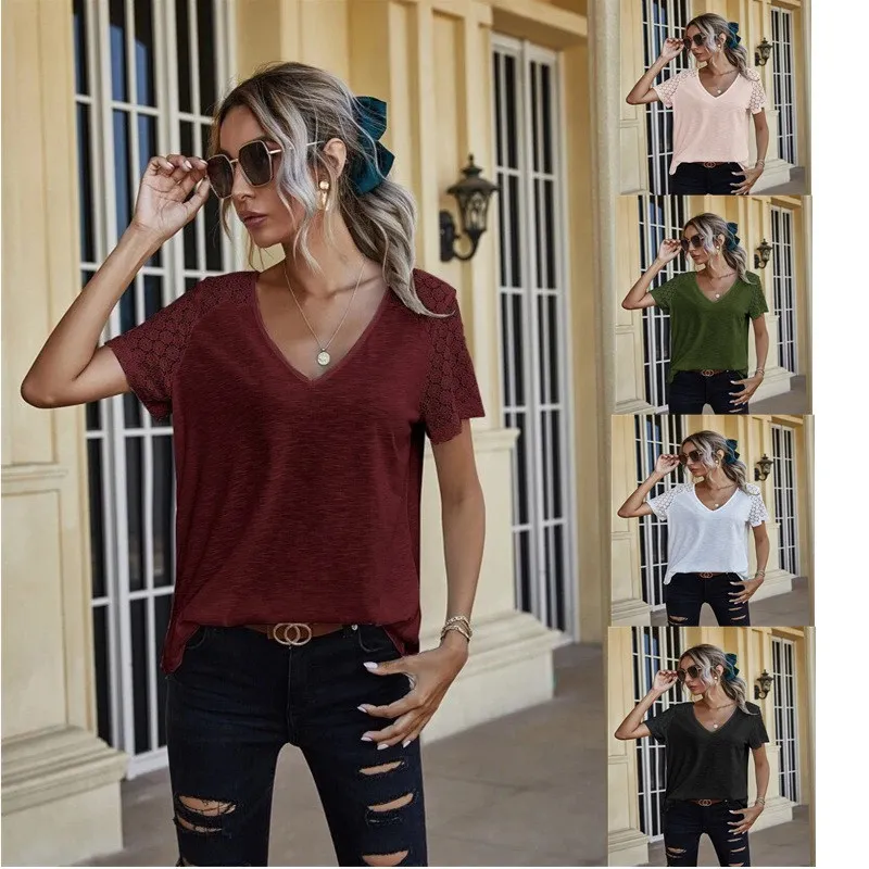 

Short Sleeve T-shirt For Women 2021 Europe America Summer New Style Splicing Lace Sleeve V-neck Casual T-shirt Women JD1065