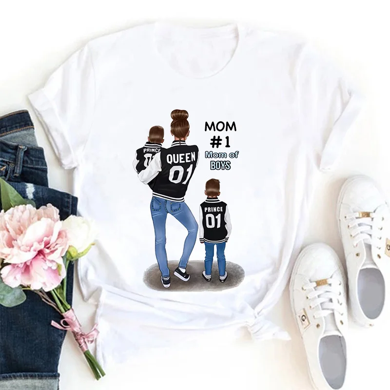 

Women Basic Tshirt Cartoon Kawaii Print Lady White T-shirts Top Feminine Clothes Womens Anime Shirt Family Camisetas De Mujer