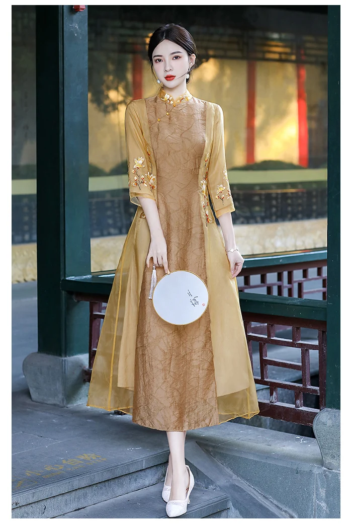 Женское платье-Ципао с воротником-стойкой элегантное платье в китайском стиле