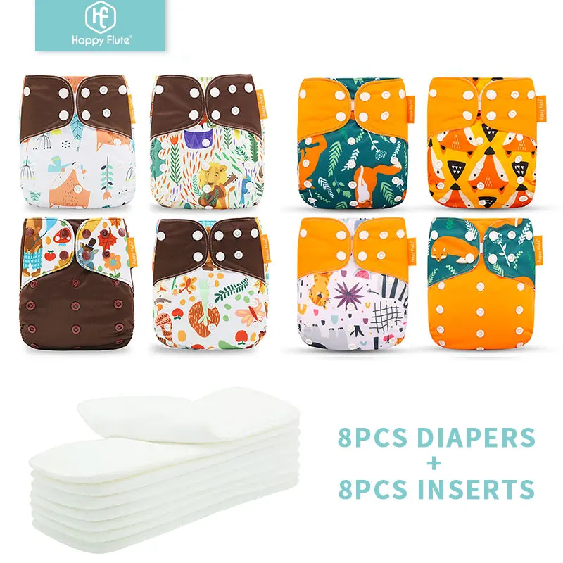 HappyFlute 8 подгузников + 8 вкладышей, детские тканевые подгузники, один размер, Регулируемые моющиеся многоразовые подгузники для маленьких дев...