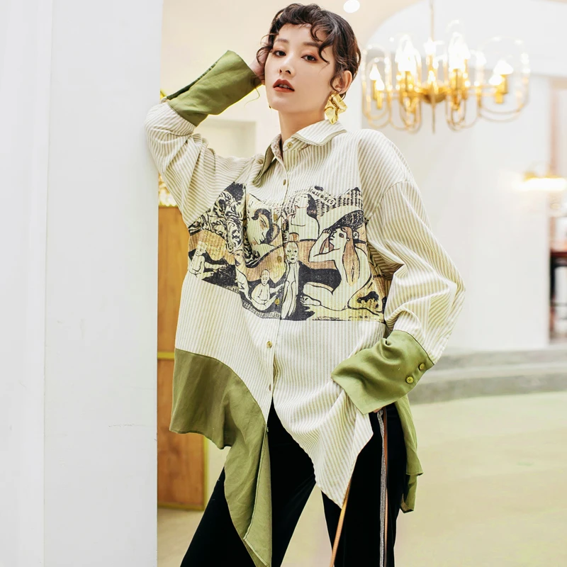 Женская асимметричная рубашка LANMREM повседневная контрастных цветов с длинными