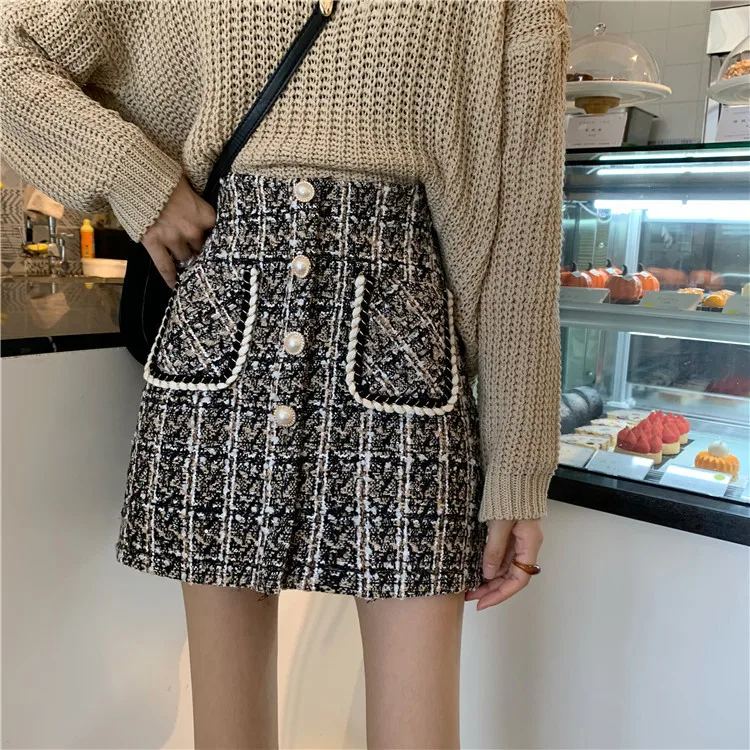 Новая мода твидовая клетчатая короткая трапециевидная мини черная трикотажная