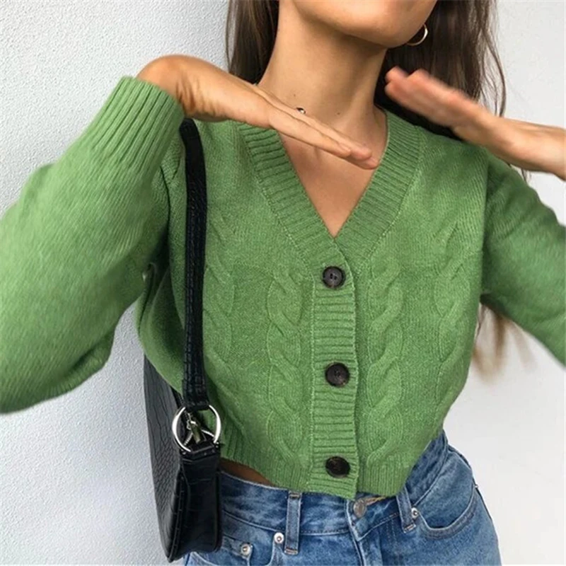 

Cropped Cardigans Sweaters Female With Button Black White Short Sweater Mujer V Neck Long Sleeve Sweater Women Knitted Cardigans
