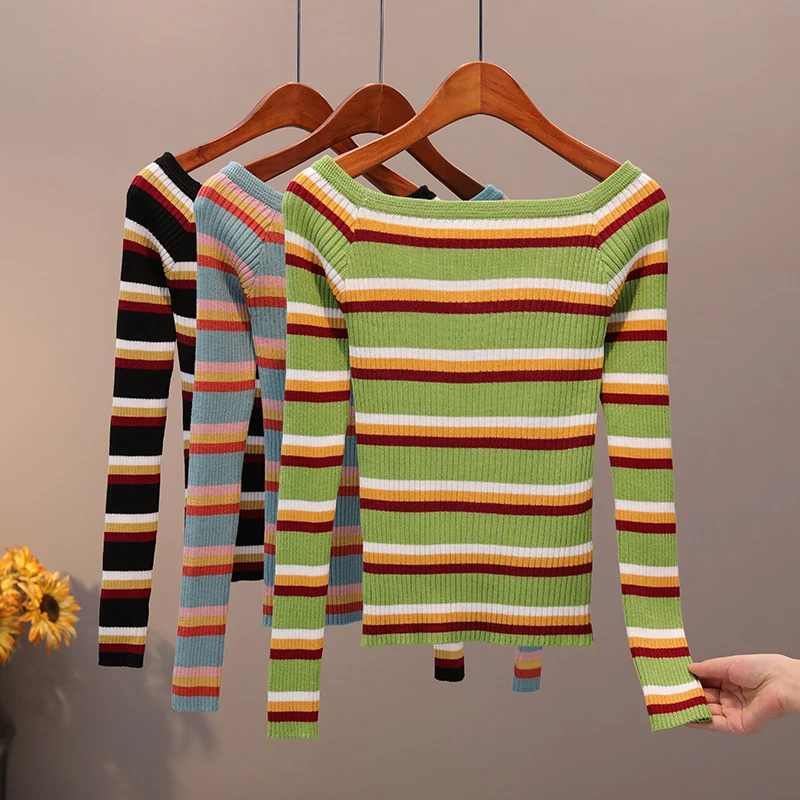 

Spring autumn new sweater contrast color striped sweaters high waist short paragraph hooded word collar slim wild sweater D222