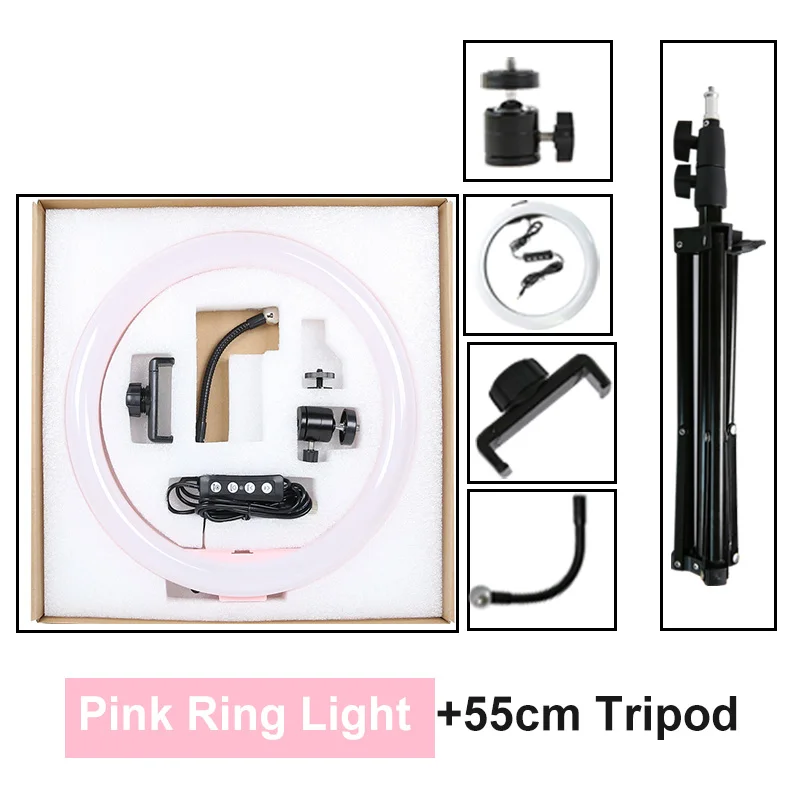 Pink (55cm tripod) 1" Диммируемый фотографический светильник ing светодиодный кольцевой светильник 26 см кольцевая лампа с подставкой Штатив для Youtube Макияж Видео Live Studio - Цвет: Pink (55cm tripod)