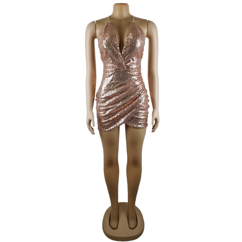

HOUZHOU Sexy Sequin Dress Women Backless Bodycon Mini Dress Black Party Wrap V Neck Halter Spaghetti Strap Sleeveless Clubwear