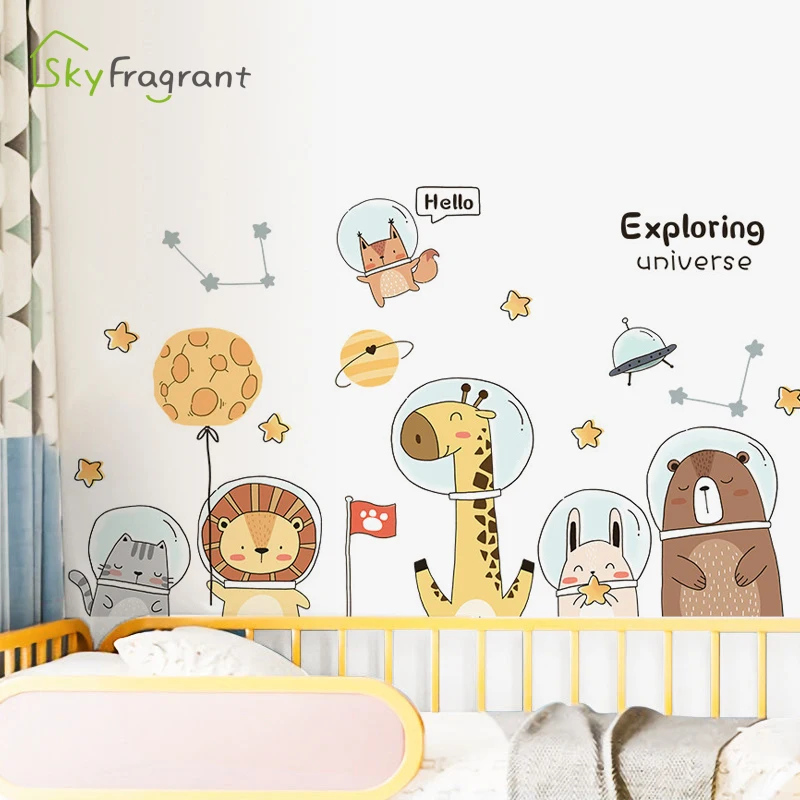 Милые наклейки на стену с изображением космонавта и животных для детской комнаты