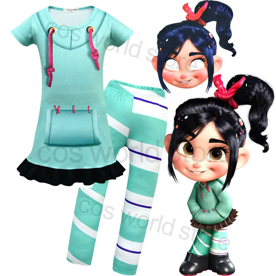 

Wreck It Ralph 2 Vanellope Von Schweetz Cosplay Costume Ralph Princess Clothes Halloween Carnival Party Dress Pants Mask Girl