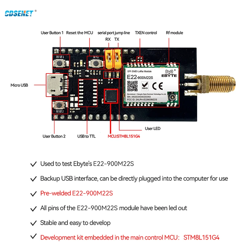 SX1262 Lora Test Board 868MHz 915MHz Development Test Kit for E22-900M22S CDSENET E22-900MBL-01