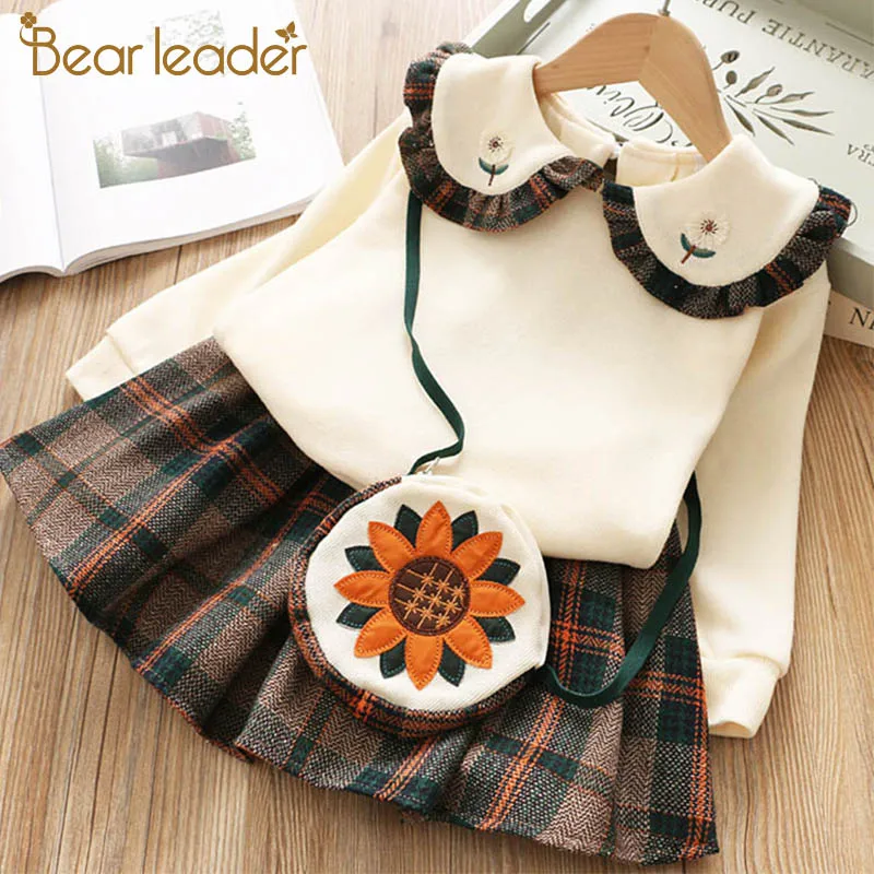 Bear leader/платье для девочек новое зимнее детское платье принцессы Милая одежда с длинными рукавами для девочек топ, пуловер+ платье с сумкой, Vestido